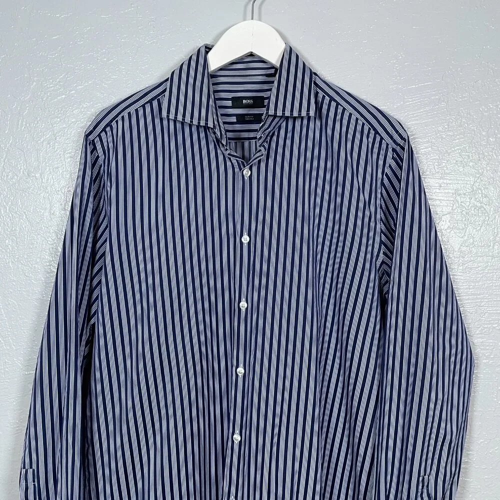 Hugo Boss Men 43 17 Navy Blue White Stripe Shirt Slim Fit Two Ply Spread Collar - Picture 3 of 10